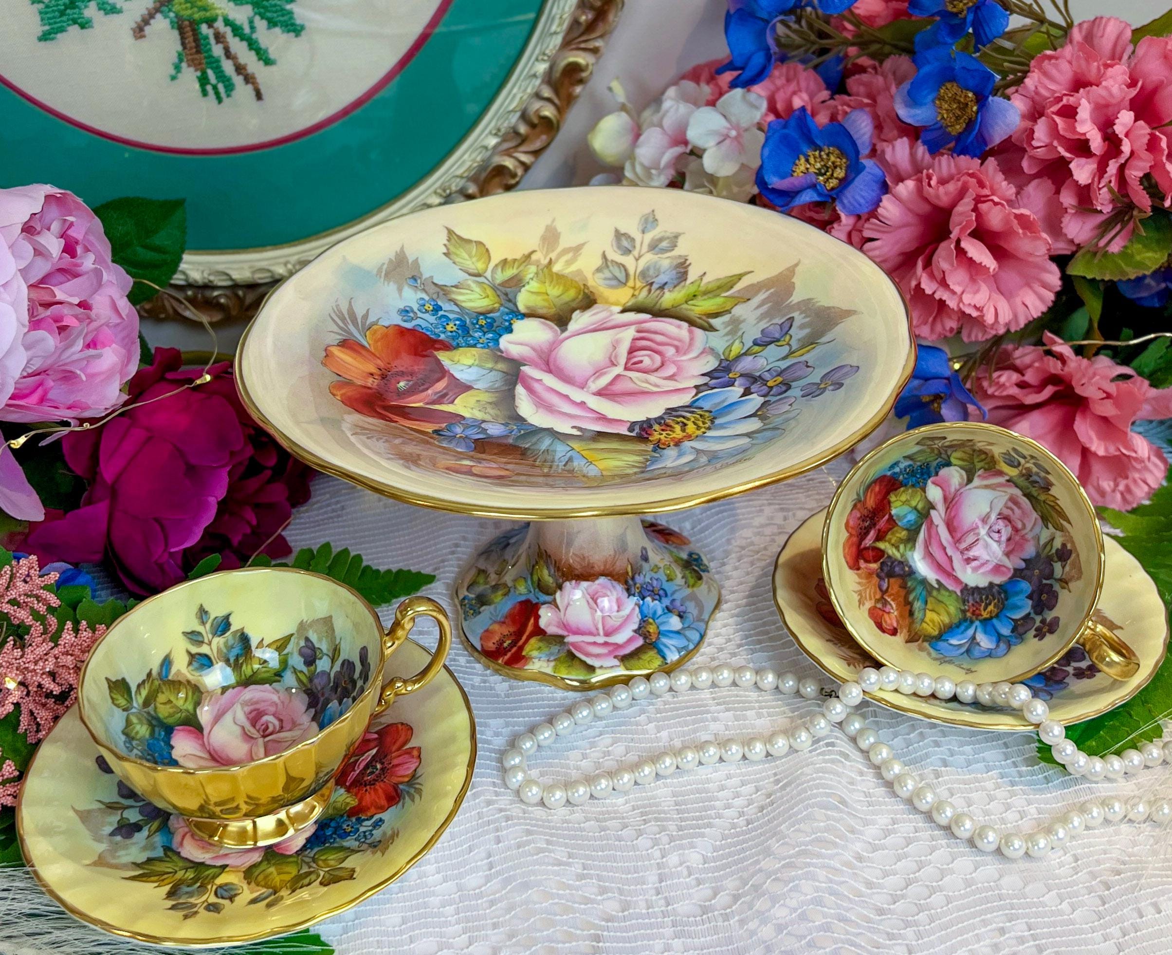 1930s Aynsley Tea Set for Two: Signed JA Bailey Cabbage Rose