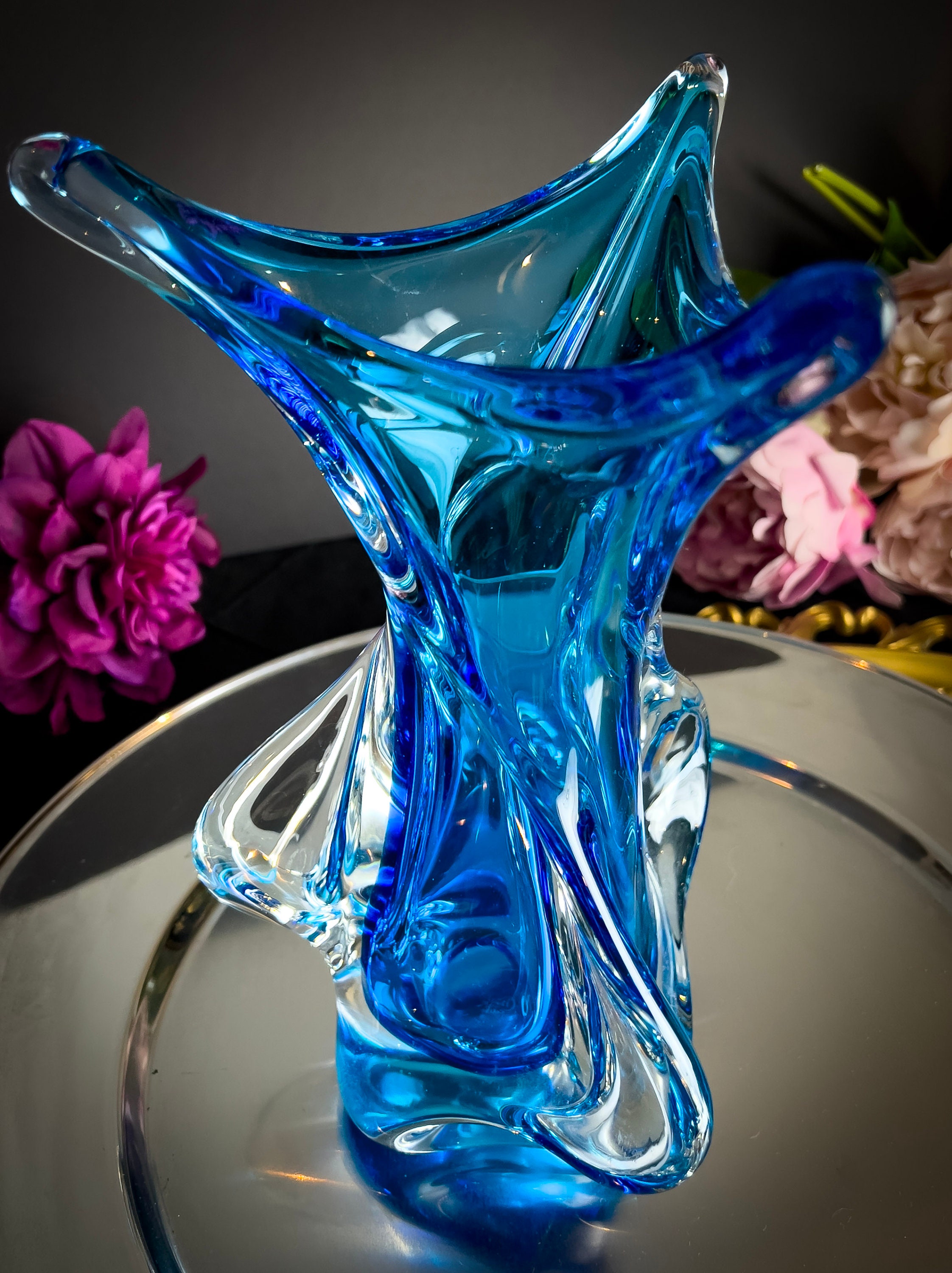 Immaculate SIGNED Blue Chalet Twist Tornado Vase, Art Glass