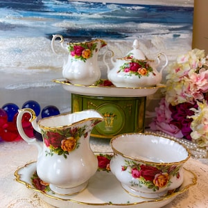 Vintage Royal Albert Old Country Roses Lidded Sugar, Large Cream, Regal Tray, English bone china