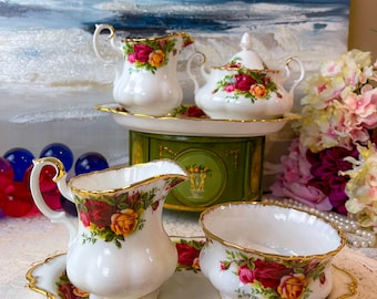 Vintage Royal Albert Old Country Roses Lidded Sugar, Large Cream, Regal Tray, English bone china