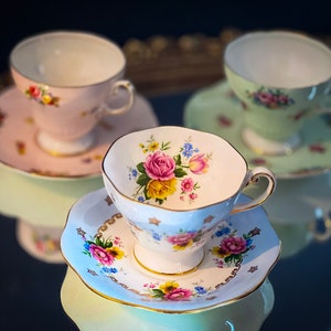 Choice of 1950s EB Foley teacup and Saucer sets in blue, pink, green, roses, English Bone China Set, gift, afternoon tea, birthday, party
