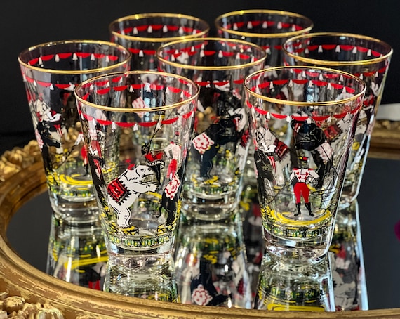 Vintage 1950s Libbey Greatest Show on Earth Highball Glasses with circus elephants, MCM drinkware, gift, party, birthday, barware