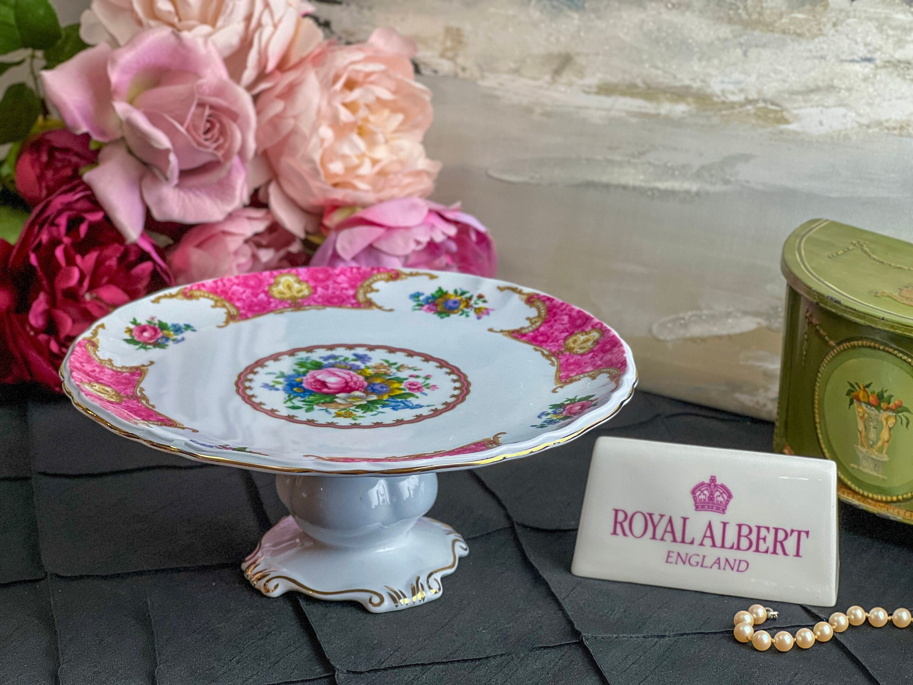 VERY RARE Vintage Royal Albert Lady Carlyle Pedestal Cake plate, Original back stamp, English bone china, Wedding, gift, mom, christmas, tea