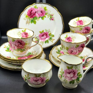 Tea for 4, Set of FOUR Royal Albert American Beauty Vintage Bone China Trio - Teacup, Saucer, Plate for Tea Party, made in england