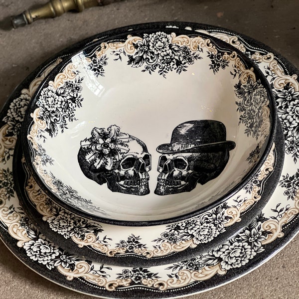 Steampunk Skull Couple 12 piece dinner set for 4 people, Limited Edition Royal Stafford, individual plates/ bowls sold separately, UNUSED