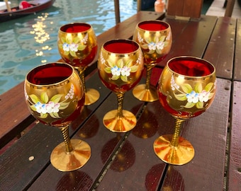 W0455 Vintage Murano Glass Decanter & Wine Glasses Set – Floral