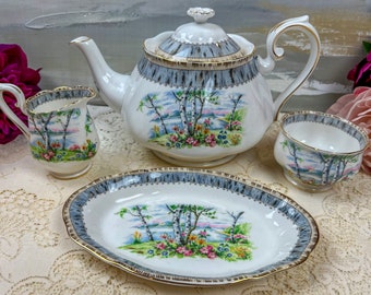 Vintage Royal Albert Silver Birch Large 6 Tassen Teekanne Sahne und Zucker, englisches Bone China