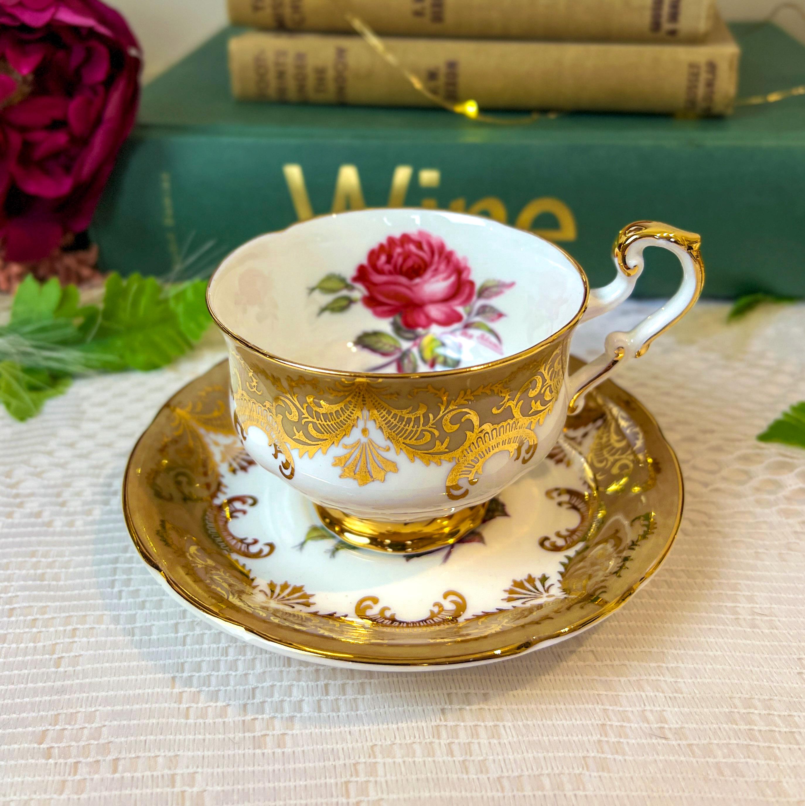 1950s Moss Green Paragon Antique Rose Cup and Saucer Signed Reg
