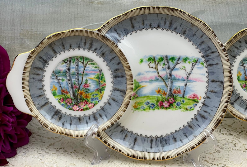 May include: A set of vintage porcelain plates with a scenic landscape design. The plates feature a central image of a lake with birch trees and colorful flowers. The rims are gray with a gold trim, adding a touch of elegance.