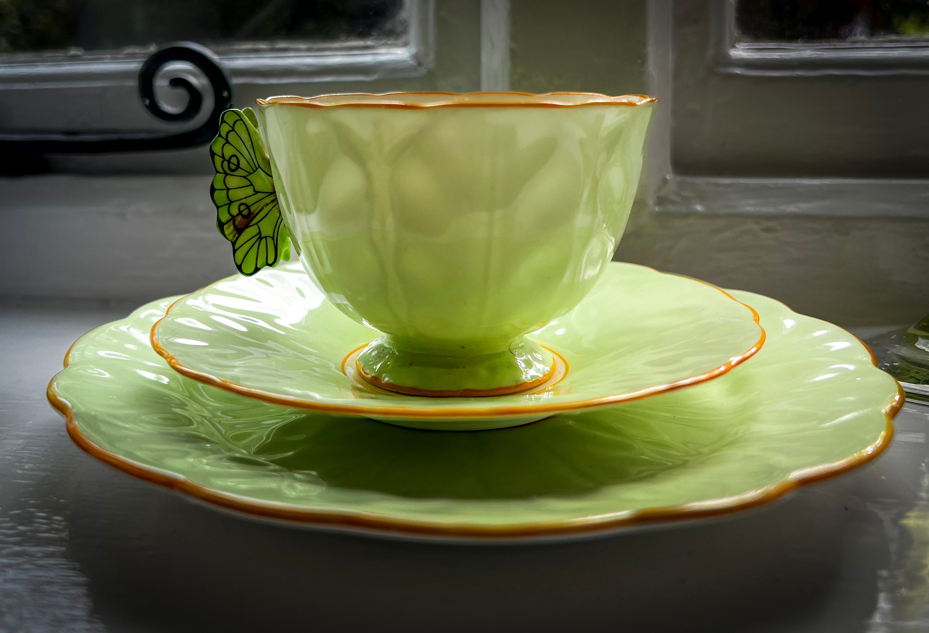Spectacular 1930s Aynsley Butterfly Handle Green Teacup Trio With