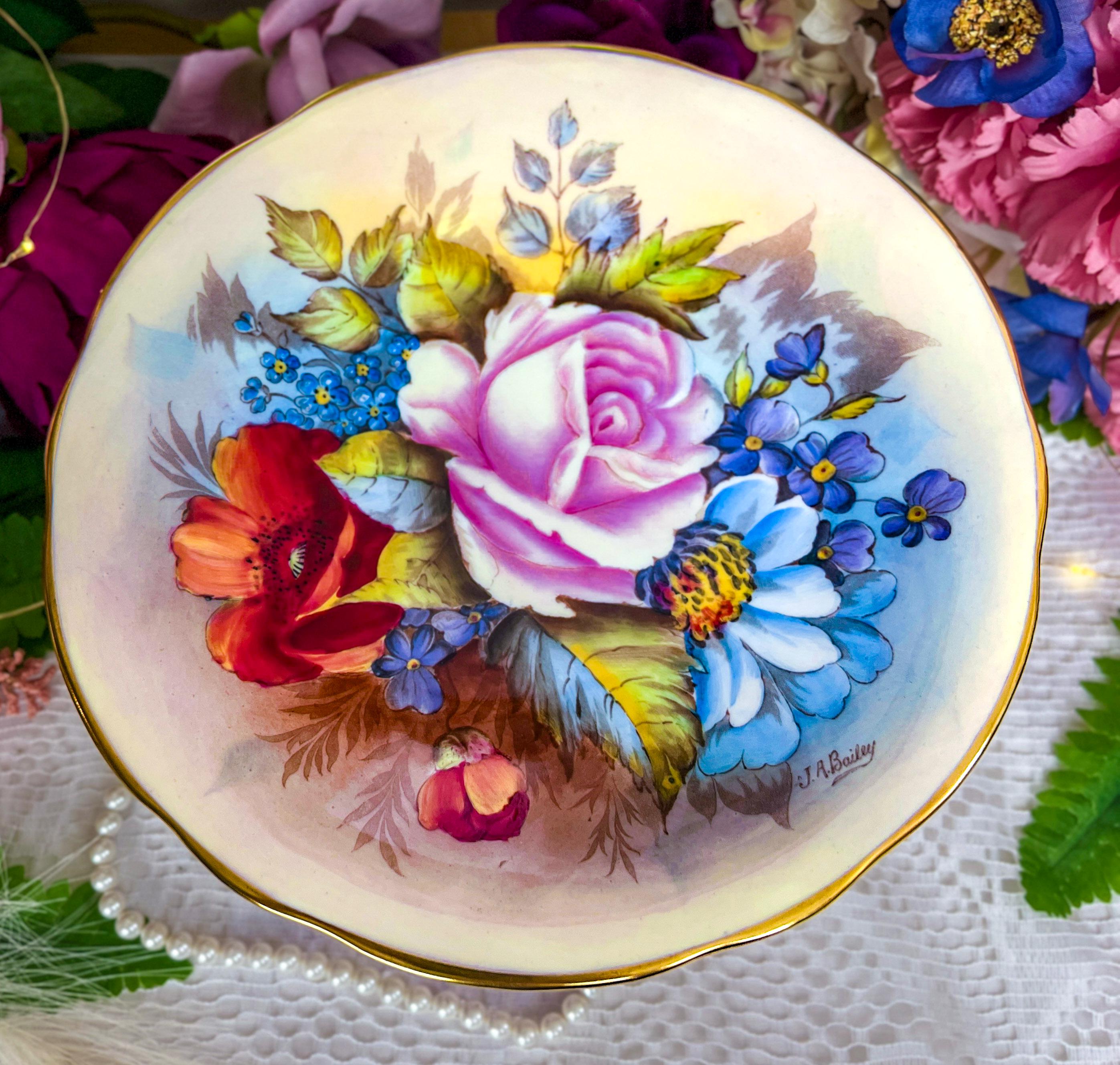 1930s Aynsley Tea Set for Two: Signed JA Bailey Cabbage Rose
