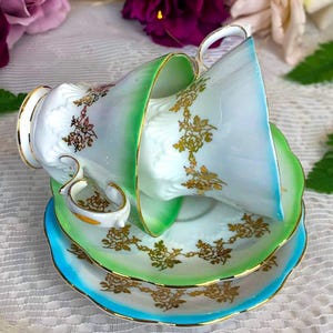 Set of 2 Royal Albert Royal Lyric Blue and Green Teacup and saucers, English bone china