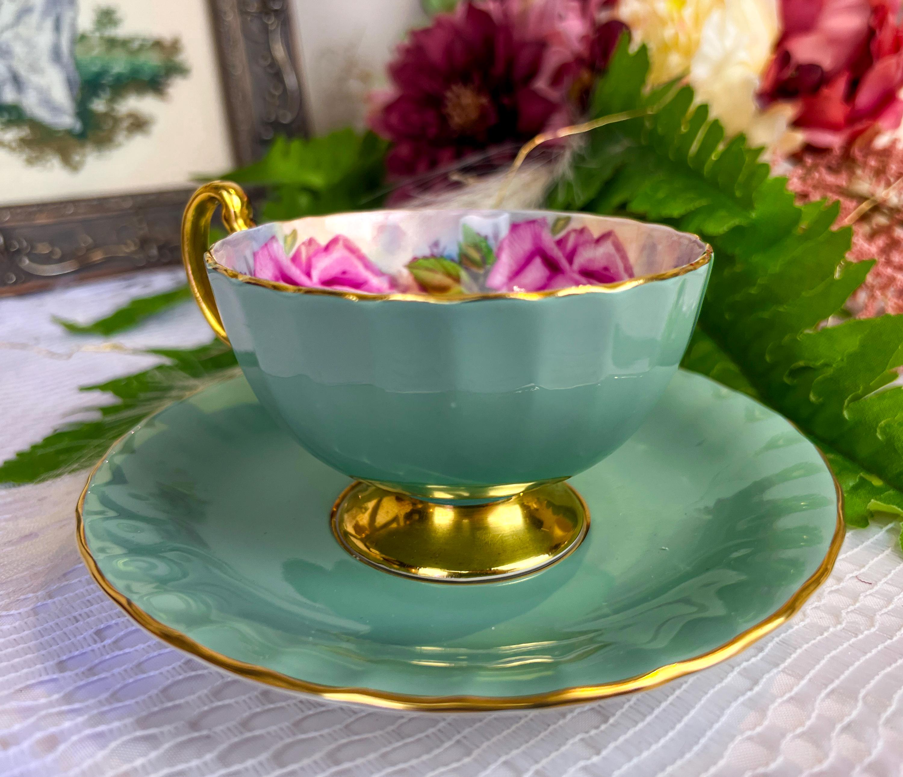 1940s Sage Green Aynsley Large Cabbage Roses Oban Teacup and