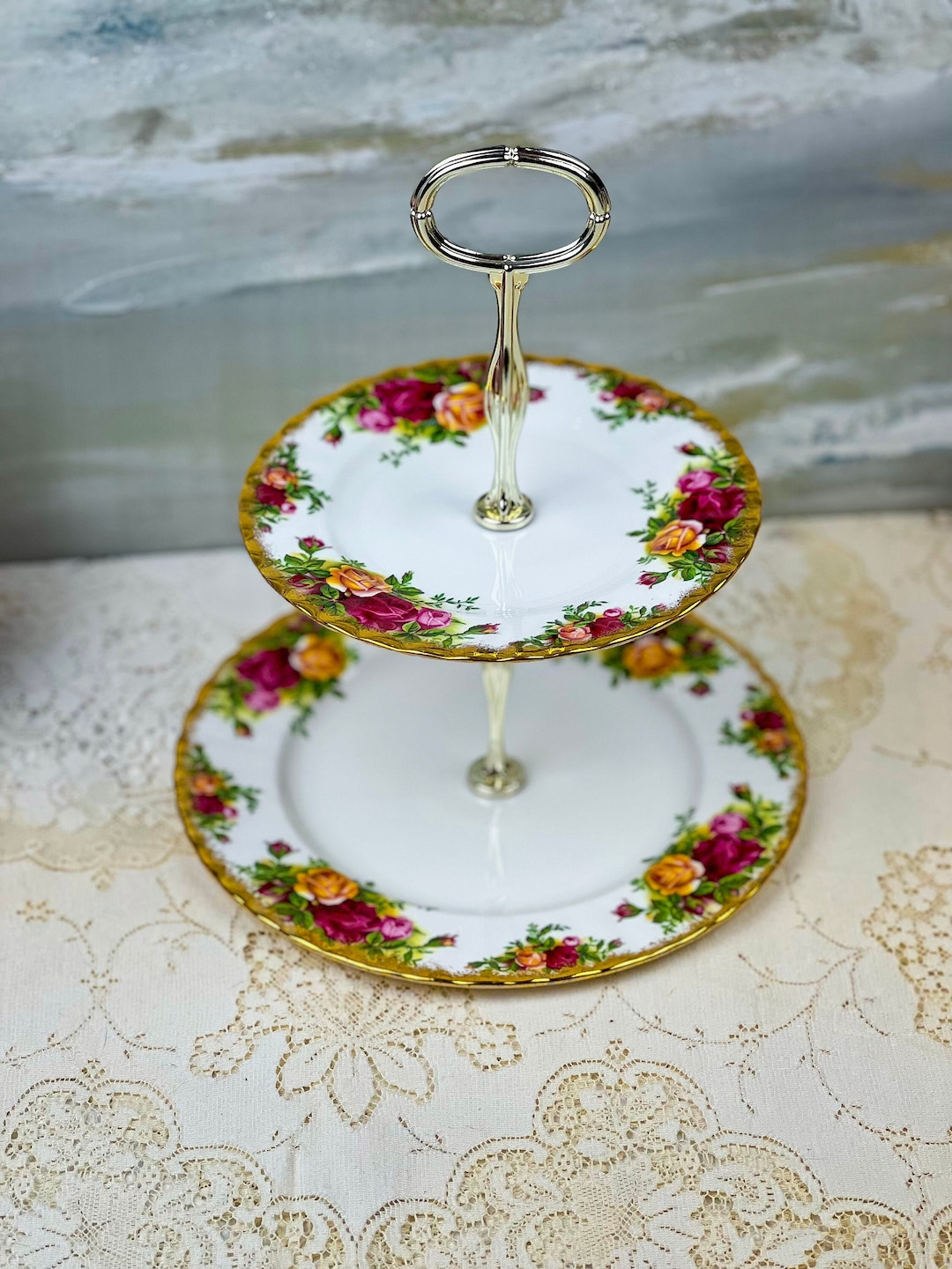 Vintage 1962 Royal Albert Old Country Roses 2-tier Cake Stand