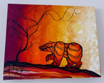 Vintage inheemse wandelende beer origineel acrylschilderij op doek, 10 x 8 inch, ondertekend door kunstenaar, uiterst zeldzame Canadese kunst
