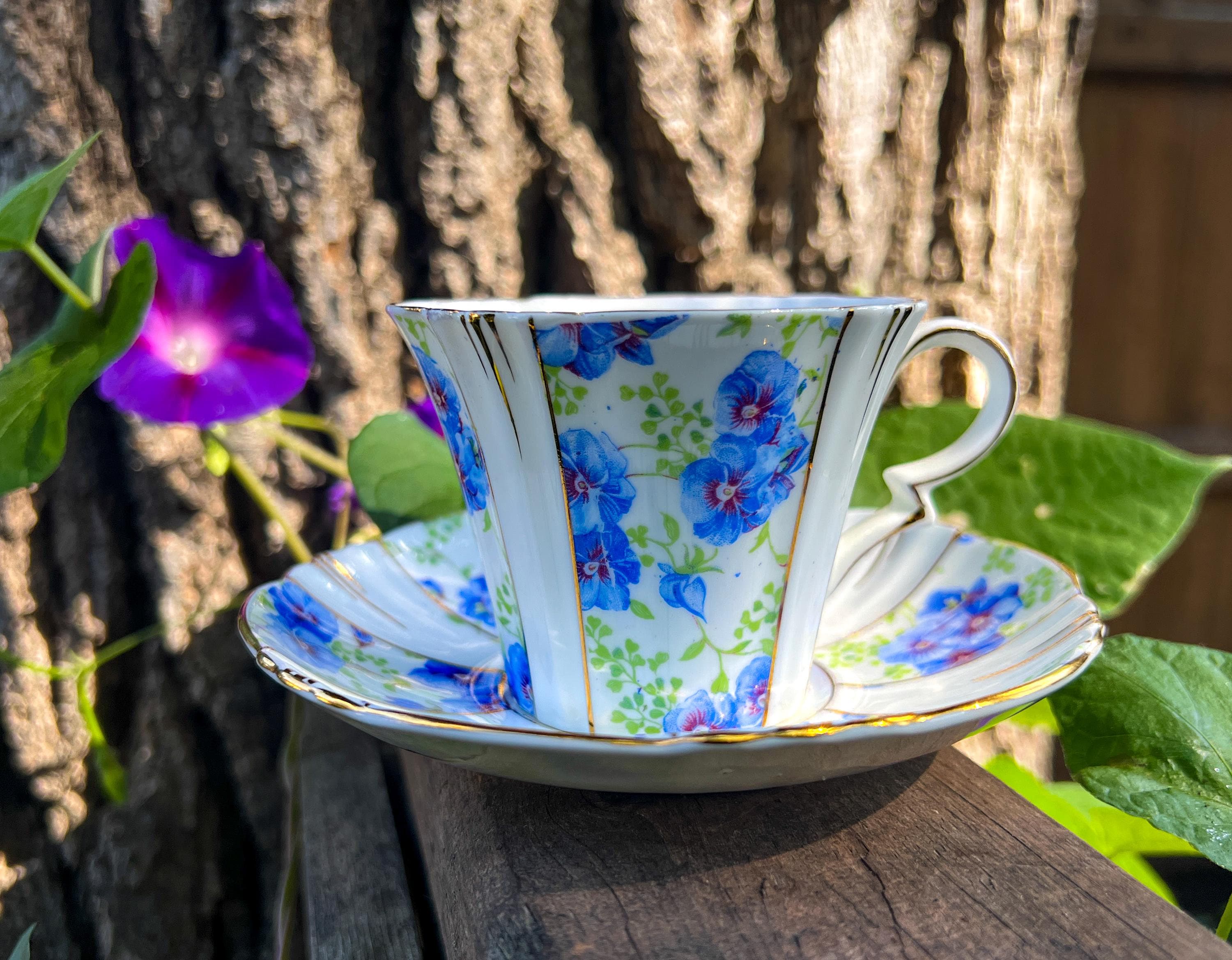 Royal Albert Crown China Blue Pansy Chintz Teacup and Saucer Set