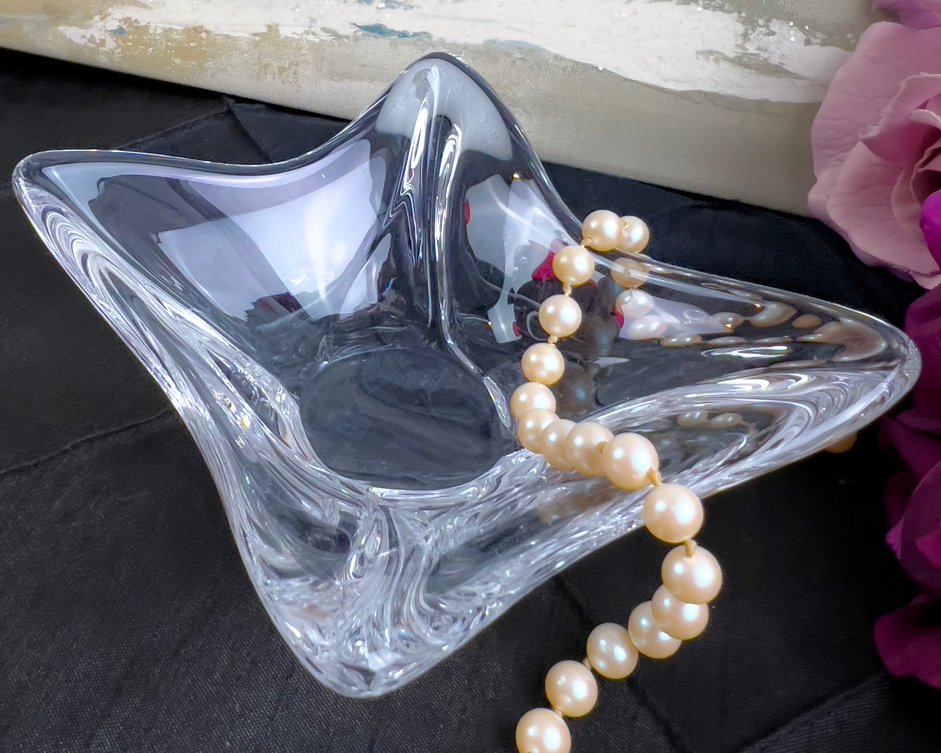 Signed Daum France Rectangular Crystal Compot Dish, Freeform