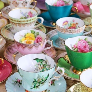 Bulk Lot of 8, 12, 24, & 36+ Vintage English Bone China Teacups and Saucers, Mixmatched patterns for tea party