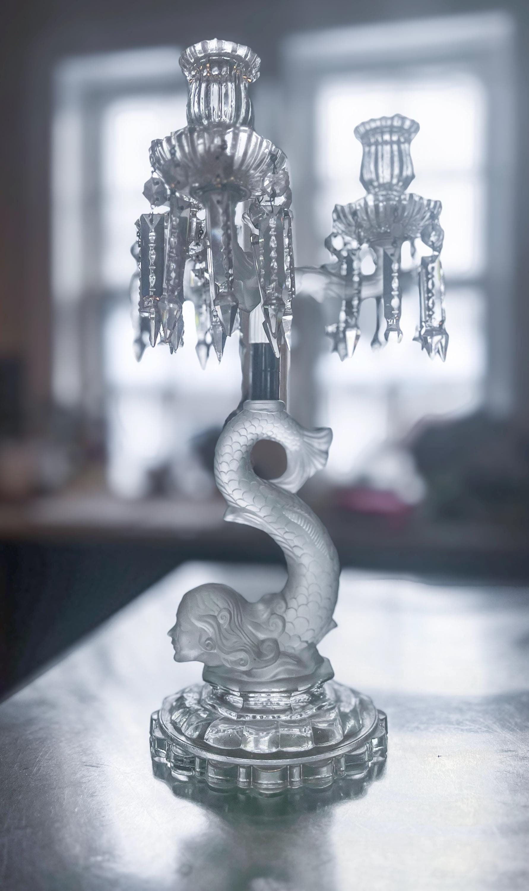 Vintage Baccarat Mermaid 3-arm Candelabra With Drop Luster Style