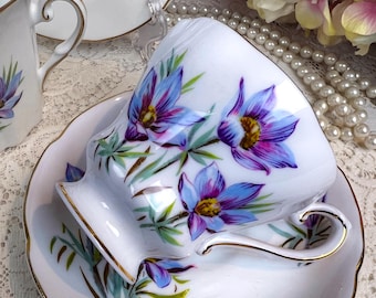 Vintage Royal Grafton Purple Crocus Teacup and saucer, Manitoba Crocus flower, made in england