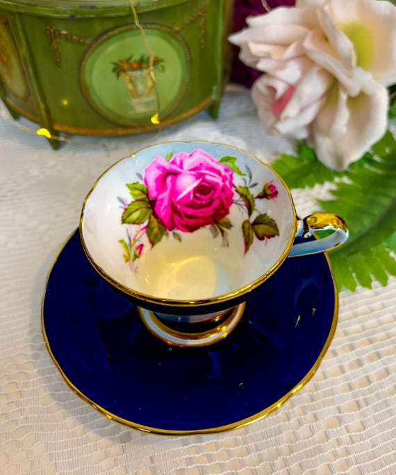 Vintage 1930s Aynsley Cobalt Blue Teacup & Saucer: Pink Cabbage