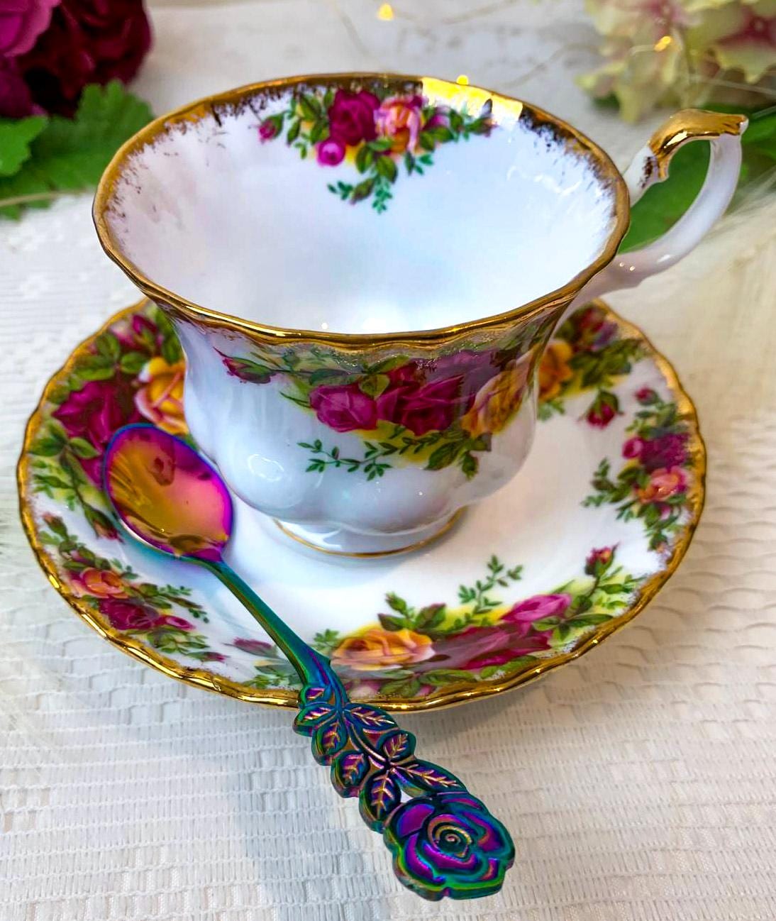 Rose Flower Teaspoons in Gold or Silver Plated Colors, Sold