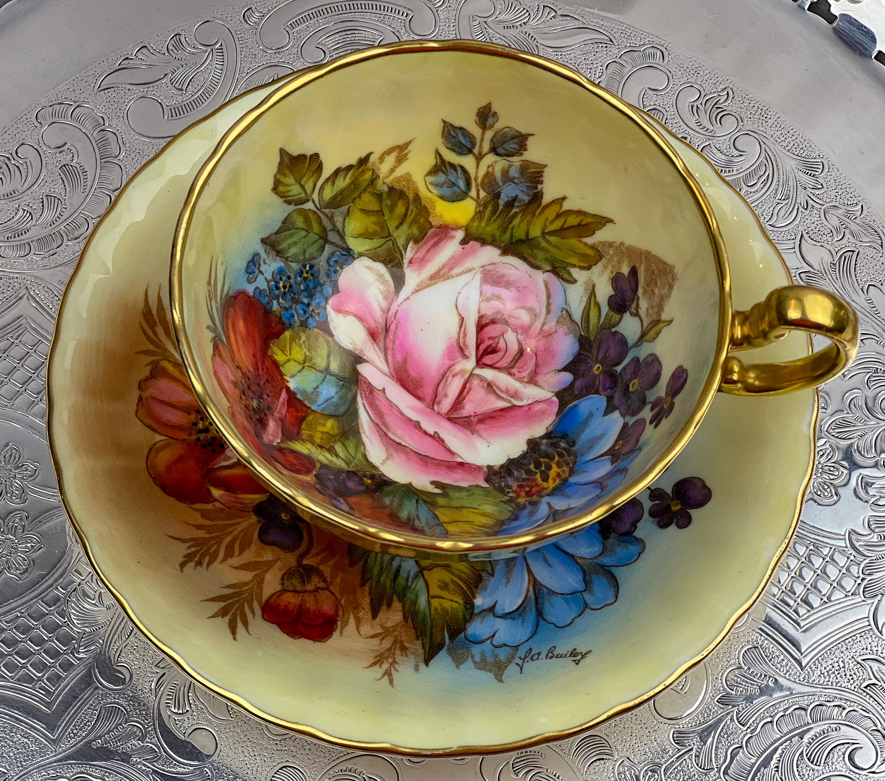 Rare 1930s J.A. Bailey Aynsley Cabbage Rose Teacup & Saucer in