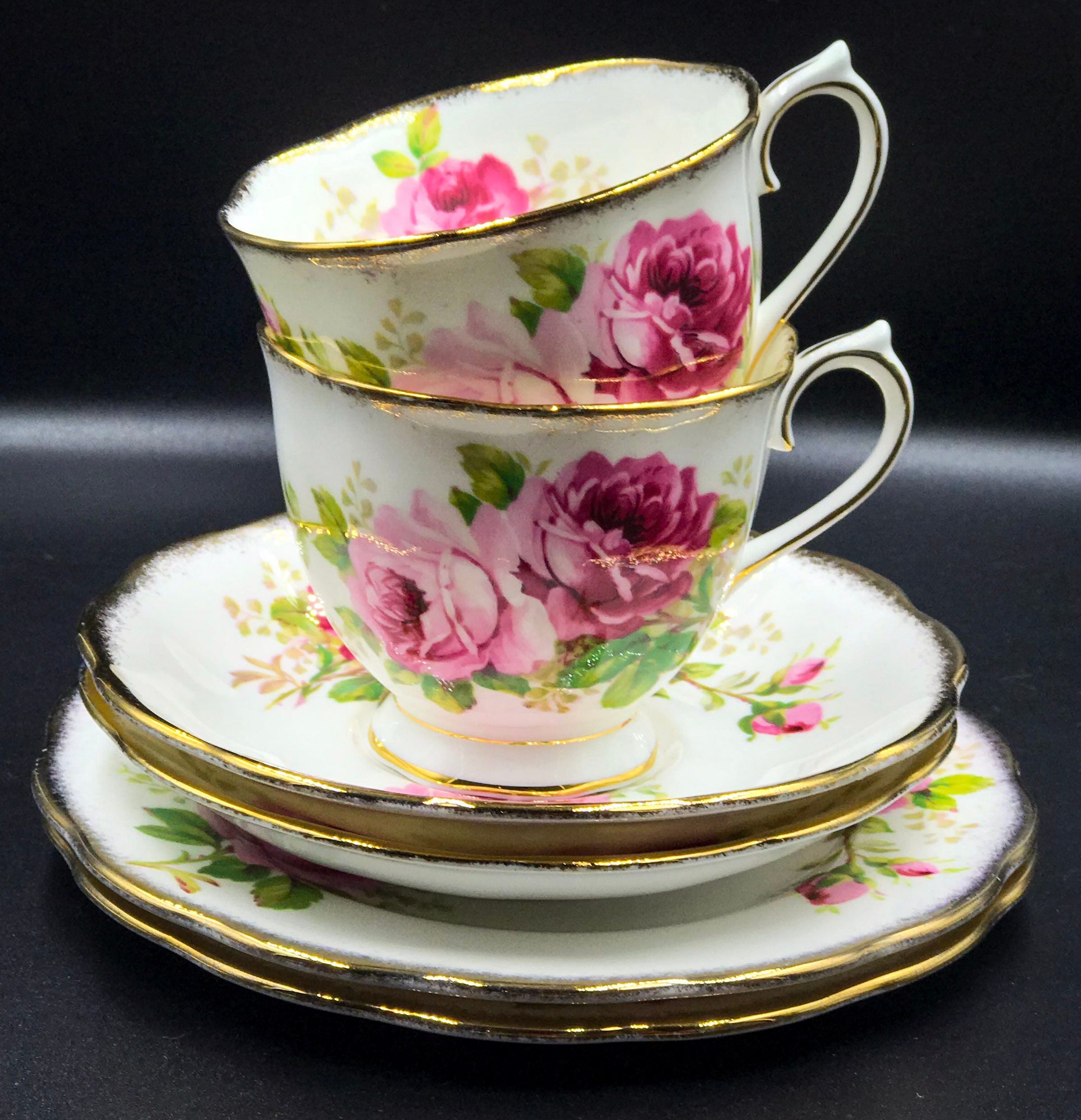 1940s Tea party for 2 - Set of two Vintage Royal Albert American Beauty Rose Pink Floral Bone China Trio with Teacup, Saucer and Side Plate