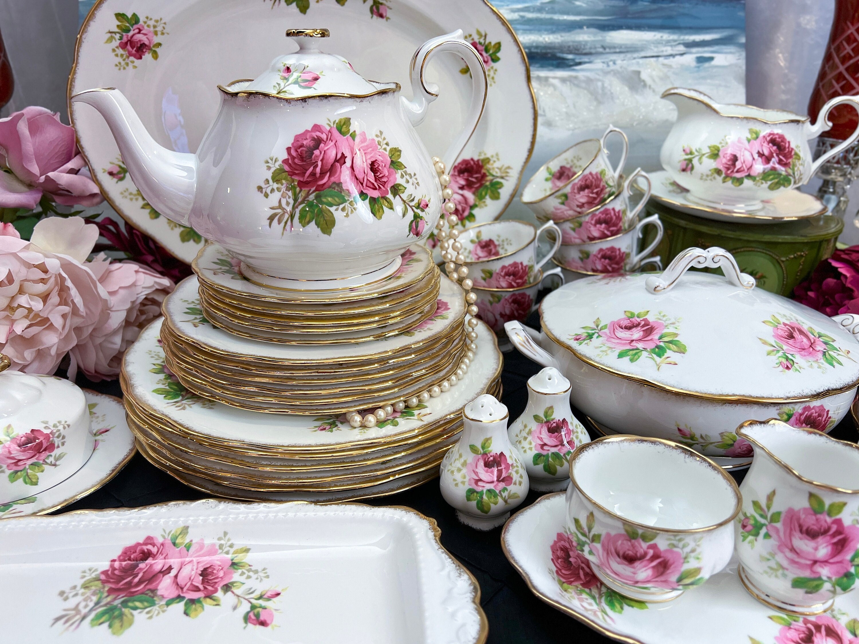 60 Piece Vintage Royal Albert American Beauty Dinner for 8, 1940s