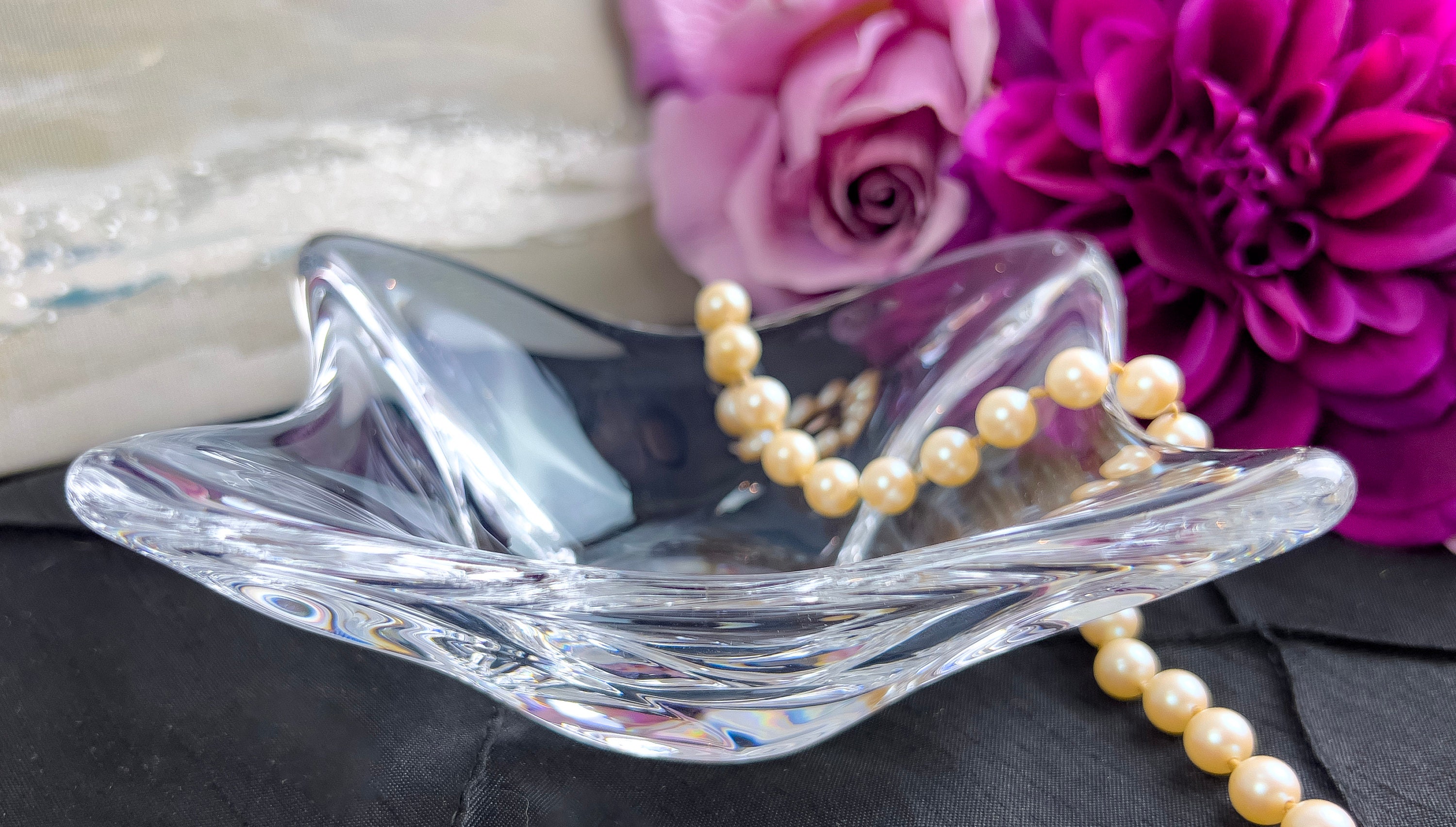 Signed Daum France Rectangular Crystal Compot Dish, Freeform