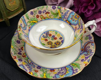 Antique Paragon paisley teacup and saucer set, Star Paragon floral Chintz