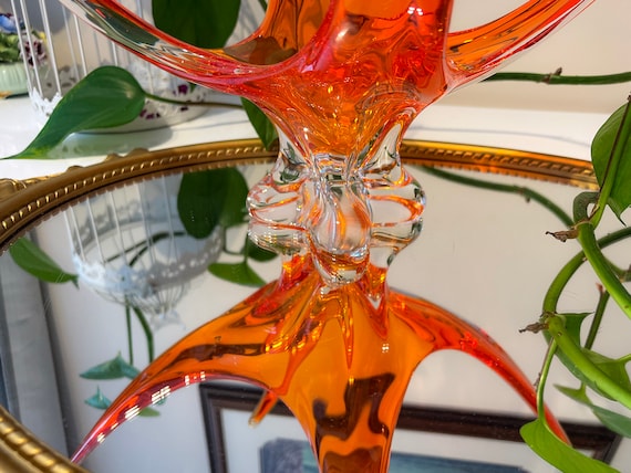 SIGNED Redish Orange Chalet 4 Point Art Glass Centerpiece