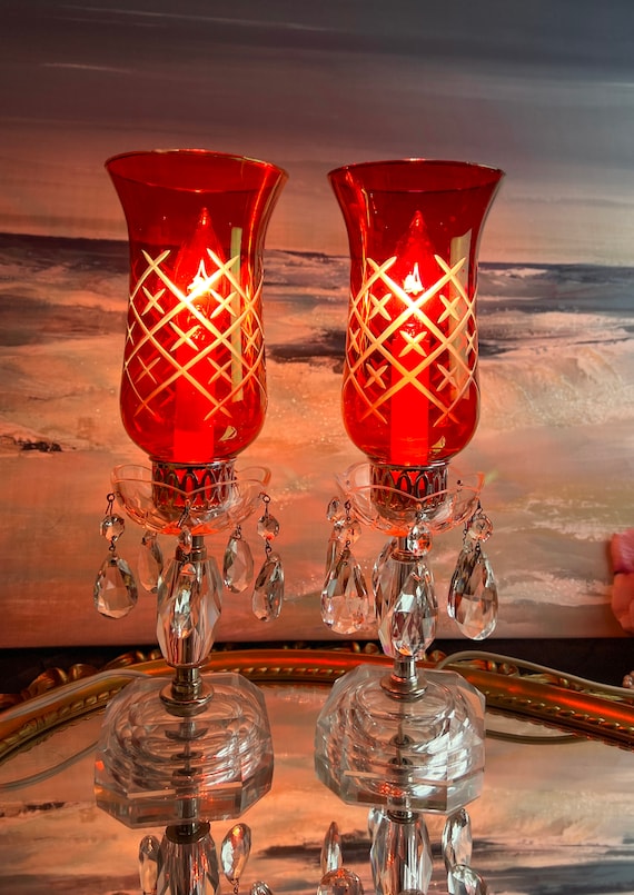 Pair of Antique Victorian Boudoir Hurricane Mantle Lustre Lamps in
