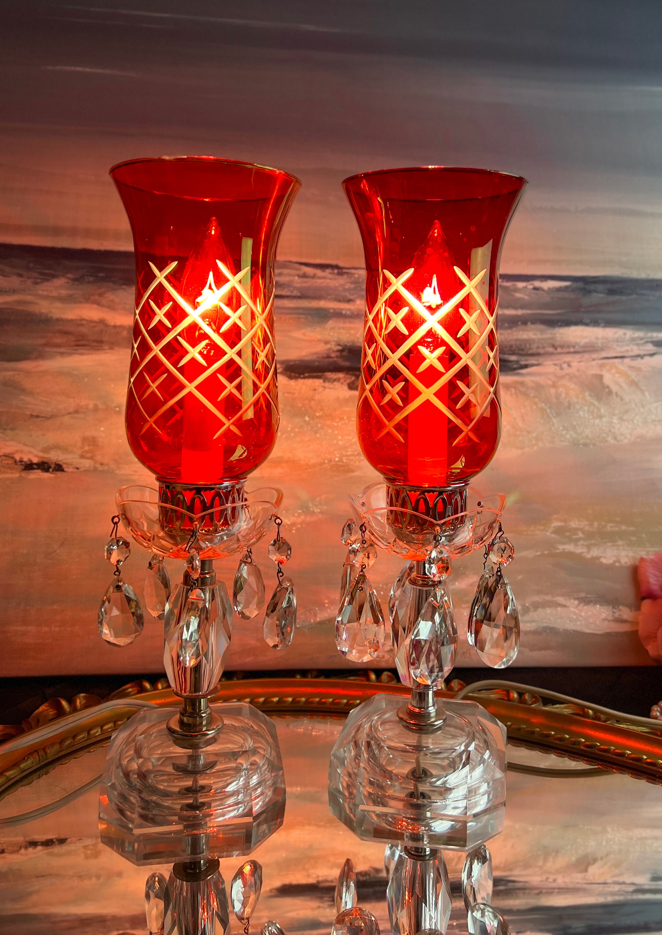 ドイツKENSINGTON クリスタルグラス クラシック インテリアランプセット Pair of Antique Victorian Boudoir Hurricane Mantle Lustre Lamps in