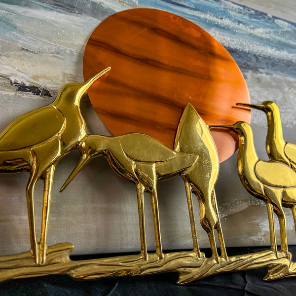 Mid Century Brass and Copper Seagulls and Sun Wall Hanging, 2 available, 17" x 12.5" Inches, Sold Separately