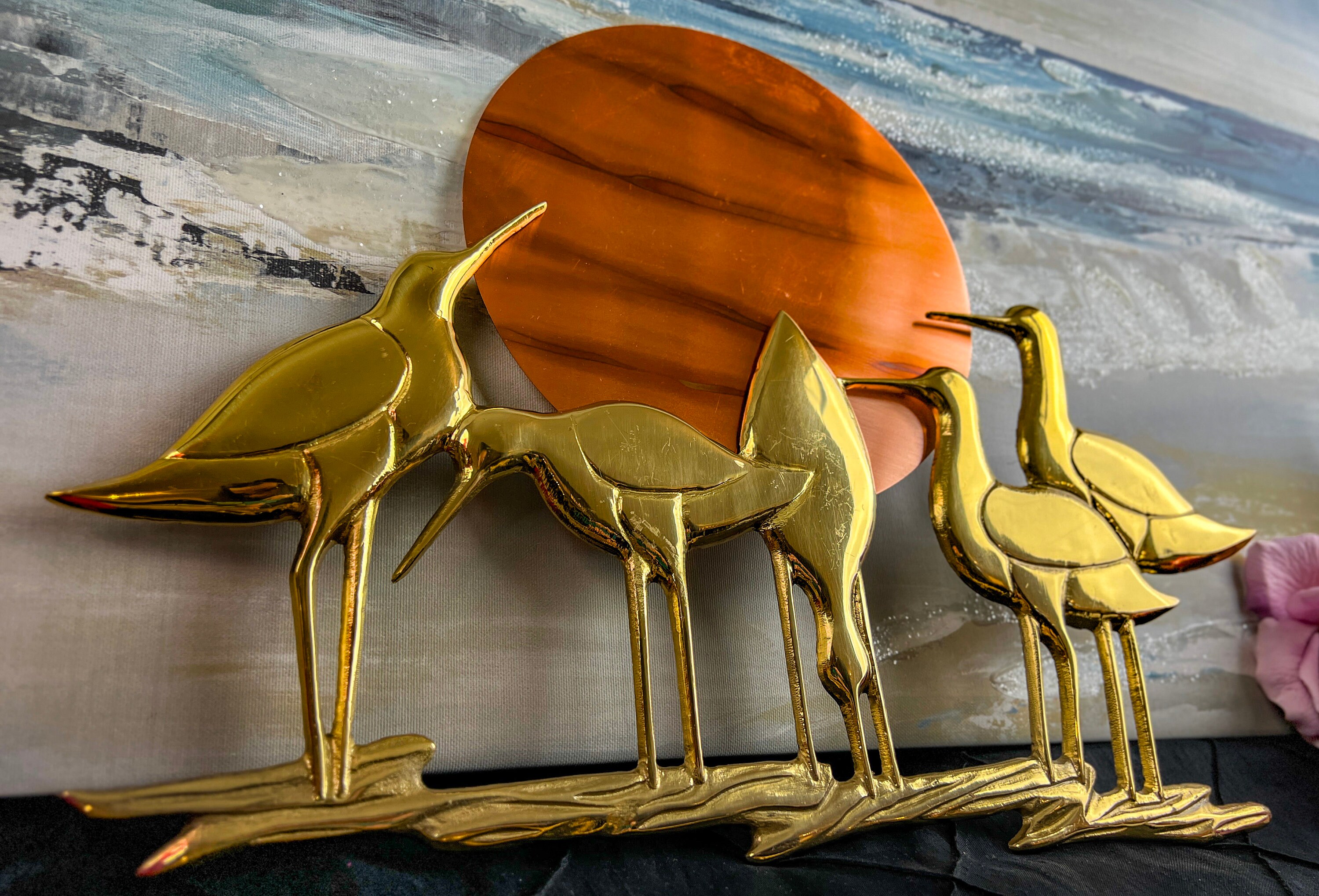 ミッドセンチュリー　真鍮　Bird　オブジェ　2台セット Mid Century Brass and Copper Seagulls and Sun Wall Hanging, 2
