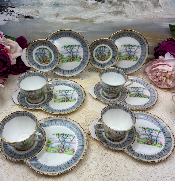 Vintage Royal Albert Silver Birch Tennis Set / Snack plate with teacup, 8 sets available, Vintage English Bone China, sold separately