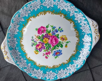 Vintage Royal Albert Enchantment tab handled cake plate with rare extra large floral center, original first run back stamp, gift, christmas