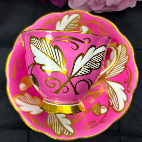 Barbie Pink Vintage Royal Albert Teacup and Saucer with gold oak leaves and nuts, English Bone China