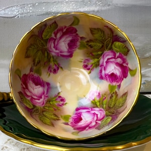 Aynsley Forest Green 4 Large cabbage Roses teacup and saucer, made in england