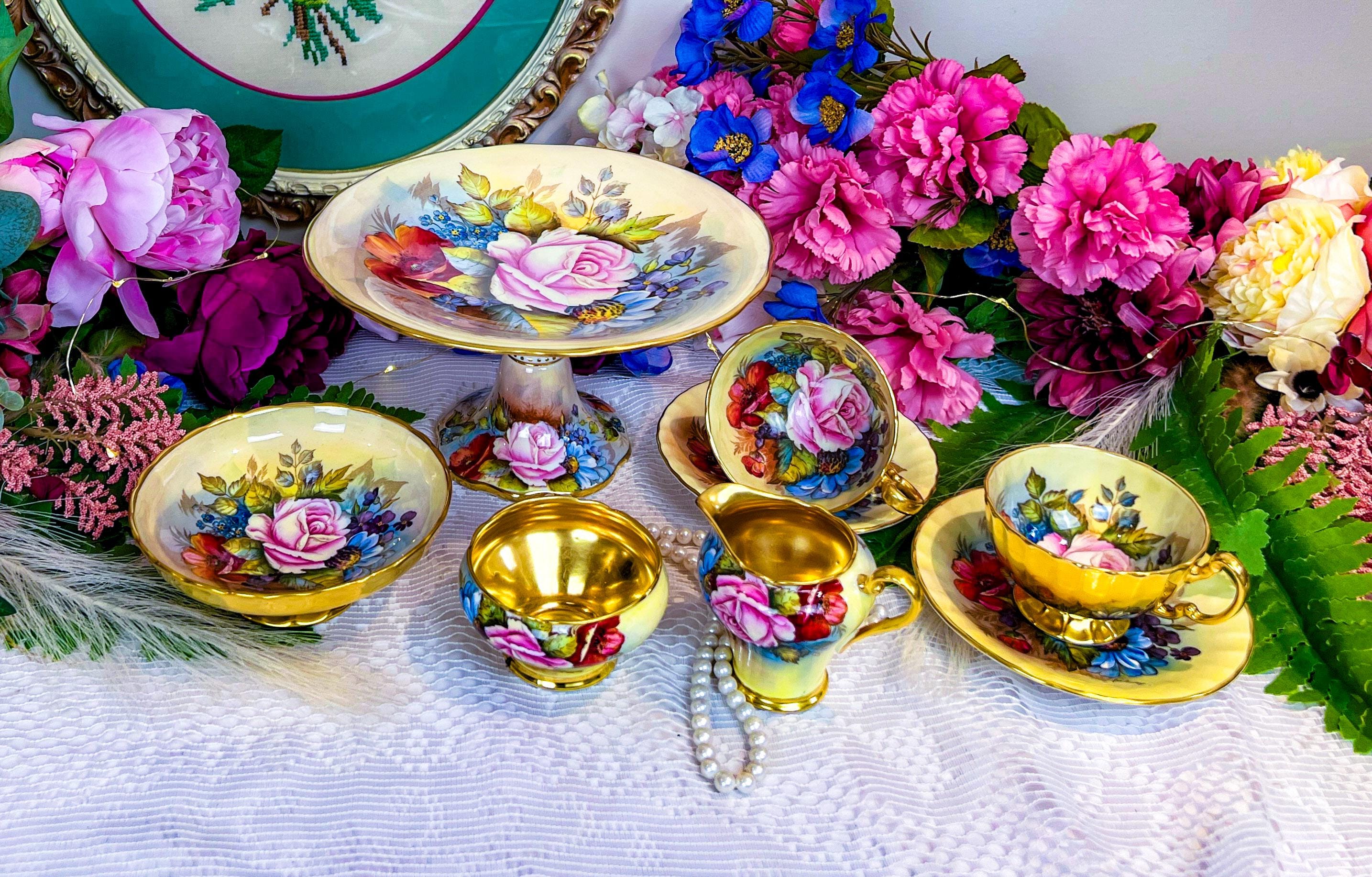 1930s Aynsley Tea Set for Two: Signed JA Bailey Cabbage Rose