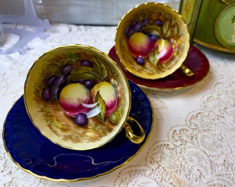 1930s Aynsley SIGNED orchard fruit tea cup and saucer, choice of cobalt blue, ruby red, forest green, D. Jones, gift, mom