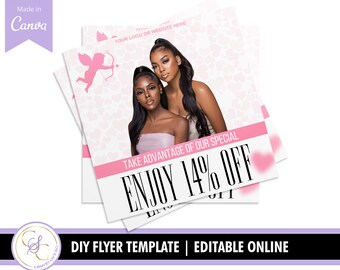 May include: Pink flyer with a heart pattern and a cupid illustration. The flyer advertises a 14% off sale with the text "Take advantage of our special Enjoy 14% off".