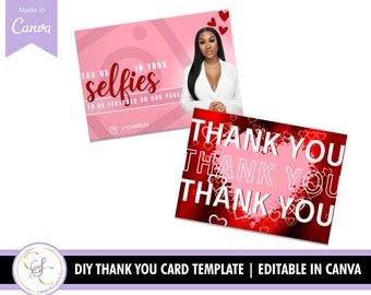 May include: Two pink and red thank you cards with white text. The first card has the text "Tag us in your selfies to be featured on our page" and the second card has the text "Thank you" repeated three times.
