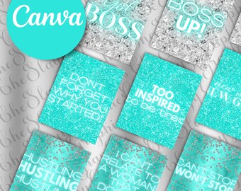 May include: Eight turquoise blue and silver glitter motivational quote cards with white text. The quotes are: "Girl Boss", "Boss Up!", "Don't Forget Why You Started", "Too Inspired to be Tired", "Hustling Hustling Hustling", "I Can't Relate to a Woman That Doesn't Hustle", "Can't Stop Won't Stop", and "New G".