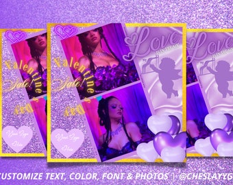 May include: A Valentine's Day themed digital collage with a purple and gold color scheme. The collage features a photo of a person, hearts, and the text "Love is in the air".