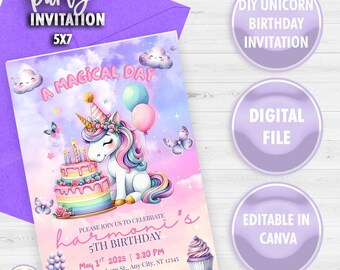 May include: A 5x7 party invitation featuring a unicorn illustration with a rainbow mane and tail, a birthday cake, and balloons. The invitation includes the text "A Magical Day" and "5th Birthday". The design is a digital file, editable in Canva.