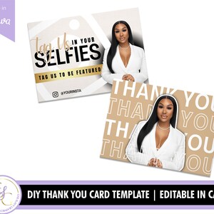 May include: Two printable thank you card templates. The first card features a woman in a white blazer with the text "Tag Us In Your Selfies" and "Tag Us To Be Featured". The second card features a woman in a white blazer with the text "Thank You" repeated multiple times in a brown and white pattern.