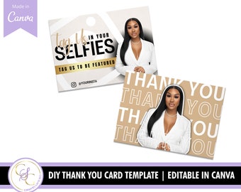 May include: Two printable thank you card templates. The first card features a woman in a white blazer with the text "Tag Us In Your Selfies" and "Tag Us To Be Featured". The second card features a woman in a white blazer with the text "Thank You" repeated multiple times in a brown and white pattern.