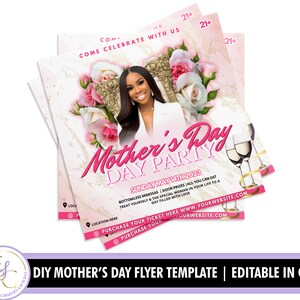 May include: A pink and white flyer with a photo of a woman in a white dress and a bouquet of pink roses. The flyer advertises a Mother's Day party with bottomless mimosas, door prizes, and all you can eat. The text on the flyer reads "Mother's Day Party" and "Sunday May 14th, 2023".
